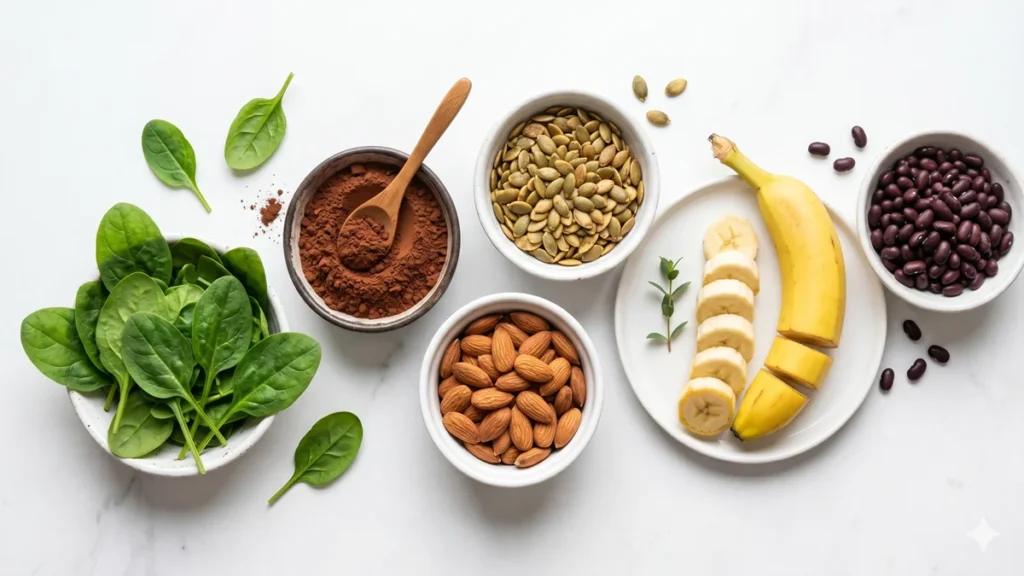 alimentos ricos em magnésio para idosos: sementes, cacau, amêndoas, espinafre e banana