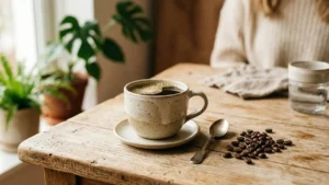 Xícara de café filtrado com grãos, benefícios do café para a saúde