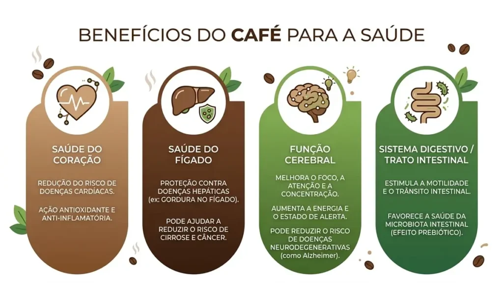Infográfico benefícios do café para coração, fígado e cérebro