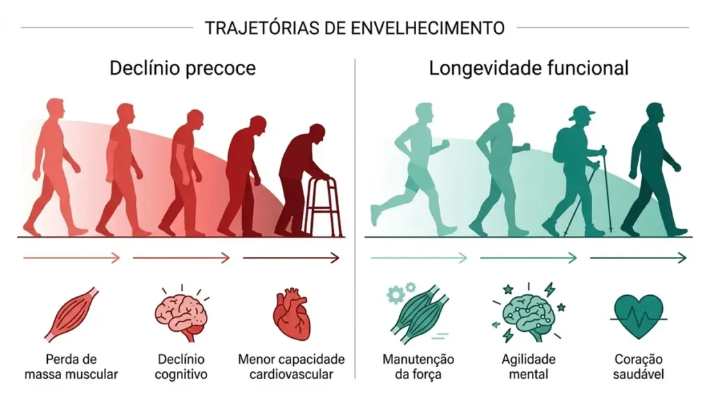 Infográfico comparando trajetória de declínio precoce versus longevidade funcional: duas silhuetas mostrando como hábitos saudáveis preservam postura e autonomia após os 60