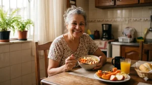 Mulher idosa tomando café da manhã saudável com aveia e frutas ricas em fibras