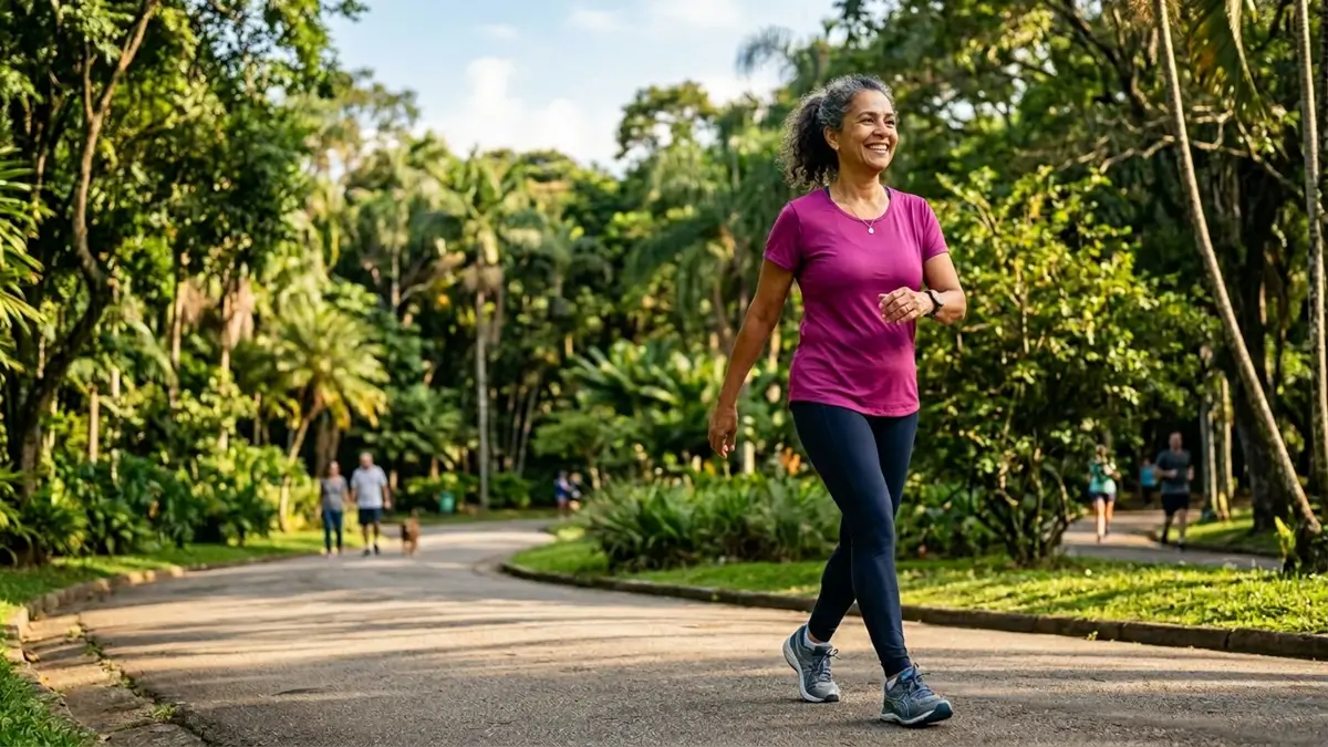 Mulher acima dos 60 anos caminhando em parque — representando healthspan e longevidade funcional
