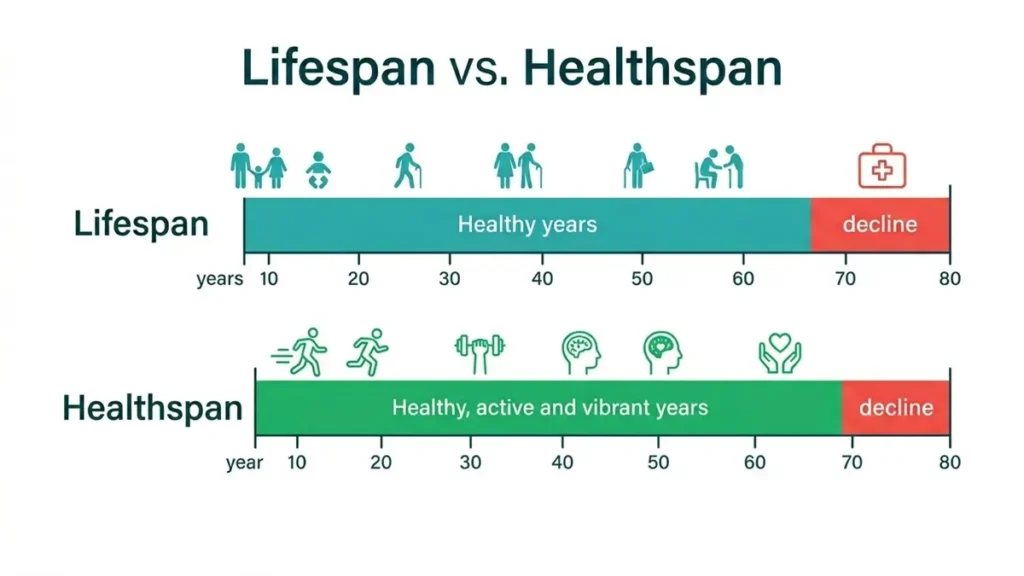 Infográfico comparando lifespan e healthspan: linha do tempo mostrando anos vividos com saúde versus anos com declínio funcional