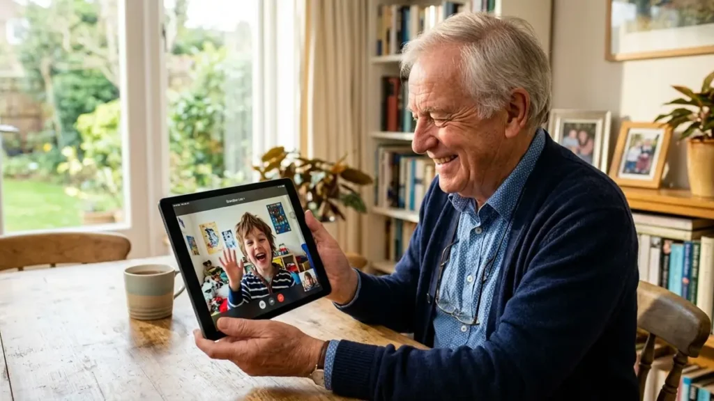 Nomofobia na Terceira Idade: Quando o Celular Vicia em Vez de Conectar 2 idoso fazendo videochamada com neto pelo tablet