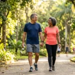 Casal acima dos 60 anos caminhando ao ar livre representando longevidade funcional e envelhecimento ativo saudável