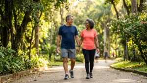 Casal acima dos 60 anos caminhando ao ar livre representando longevidade funcional e envelhecimento ativo saudável
