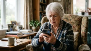 Público 60+ 3 idosa com nomofobia segurando celular com ansiedade