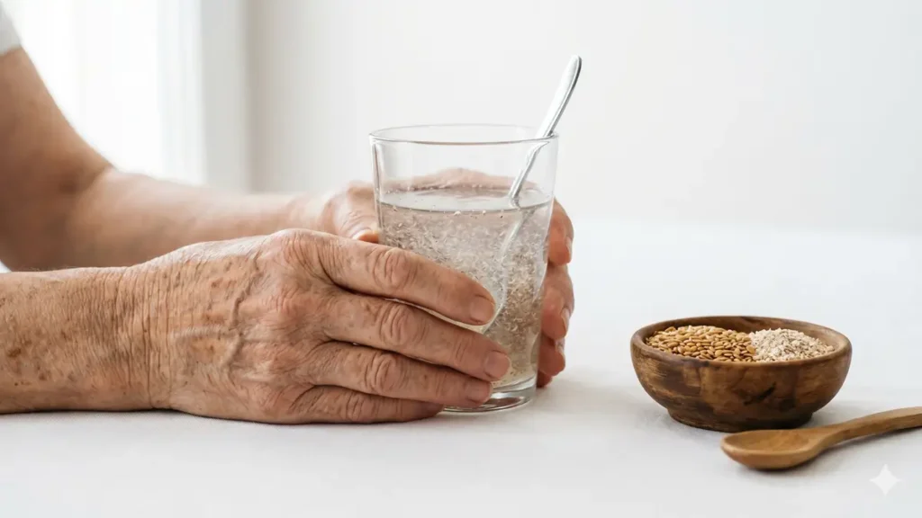 Idoso preparando suplemento de psyllium com água, complemento natural de fibras para a terceira idade