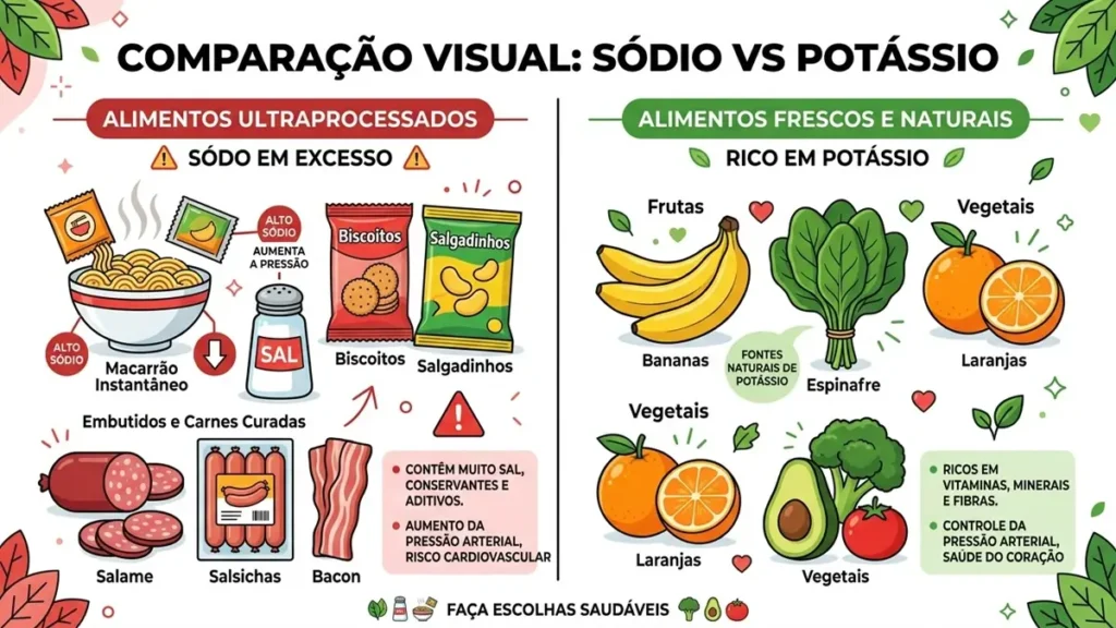 Pressão Alta: O Que Não Comer e o Que Colocar no Prato 1 comparação entre alimentos que aumentam e reduzem a pressão arterial