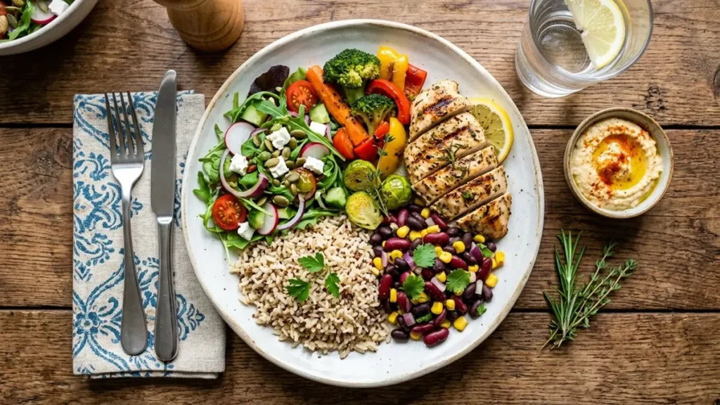 Alimentos Saudáveis - Almoço equilibrado com proteína, carboidrato complexo e vegetais coloridos