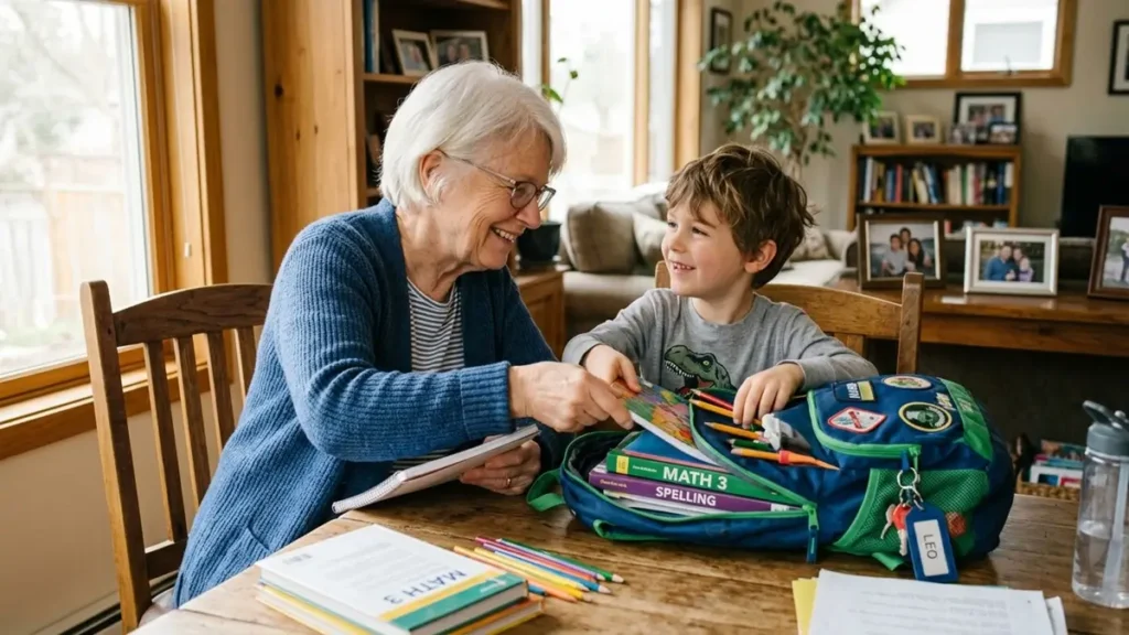 Plano de Ensino Individualizado (PEI): como o diagnóstico precoce protege a saúde da criança 2 Avó ajudando neto com rotina escolar recomendada pelo PEI