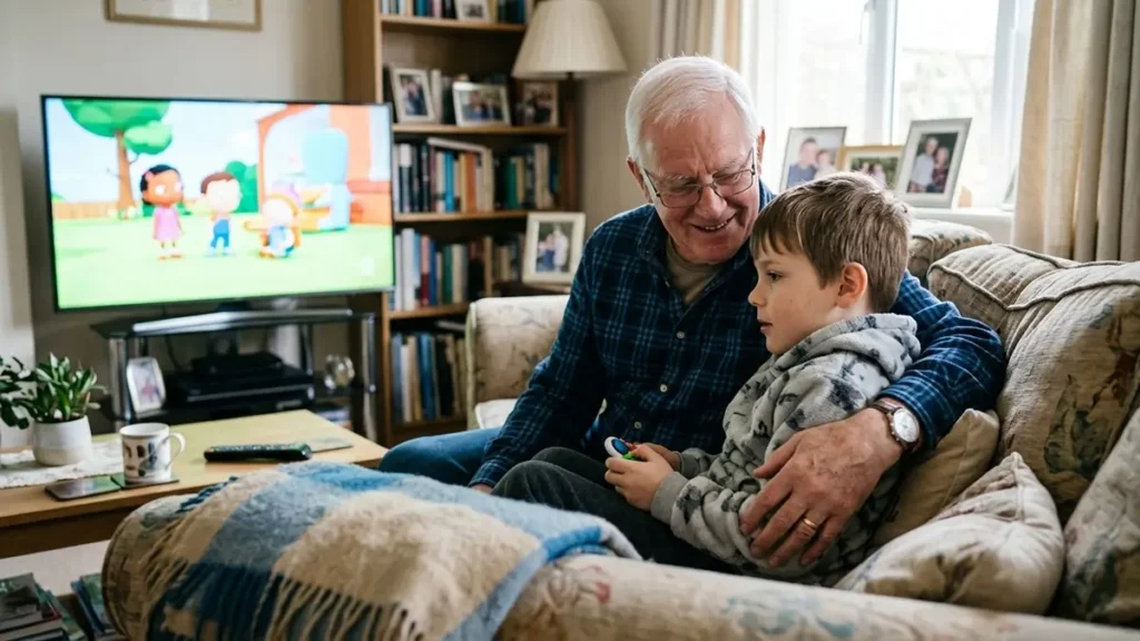Meu Neto Autista e o Controle Remoto: O Que Esse Comportamento Realmente Significa 1 avô e neto autista assistindo TV juntos com carinho
