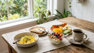 Alimentos Saudáveis - Café da manhã saudável completo com ovos, pão integral, fruta e iogurte