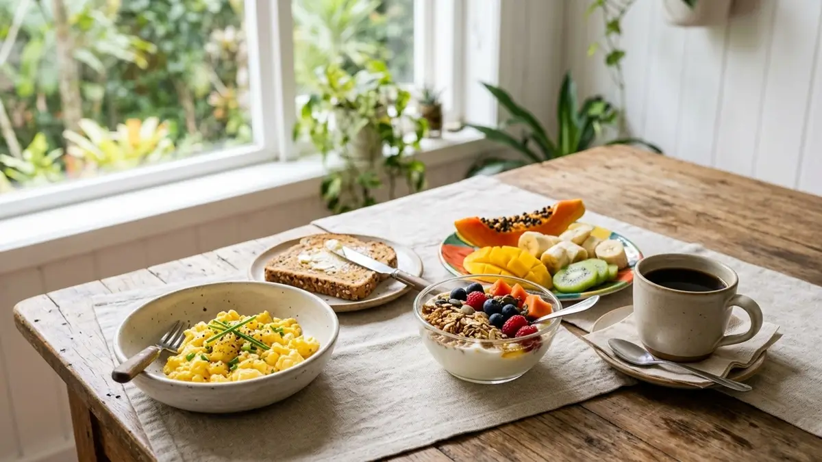 Alimentos Saudáveis - Café da manhã saudável completo com ovos, pão integral, fruta e iogurte
