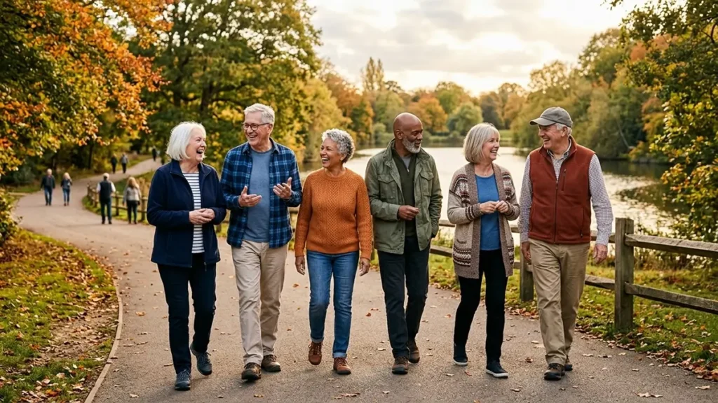 Grupo de amigos maduros caminhando e socializando juntos ao ar livre.