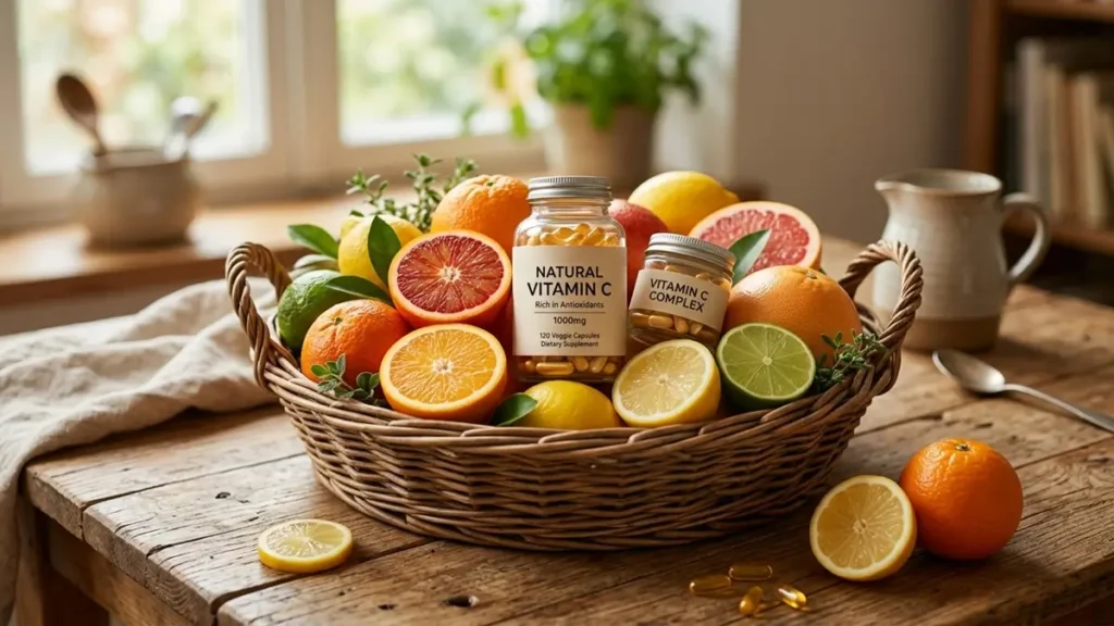 Cesta de frutas cítricas e potes de suplementos vitamínicos em mesa rústica.
