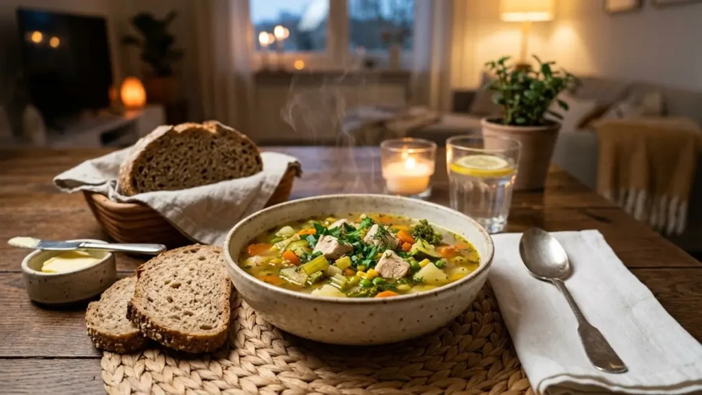 Alimentos Saudáveis - Jantar leve e saudável com sopa de legumes e frango