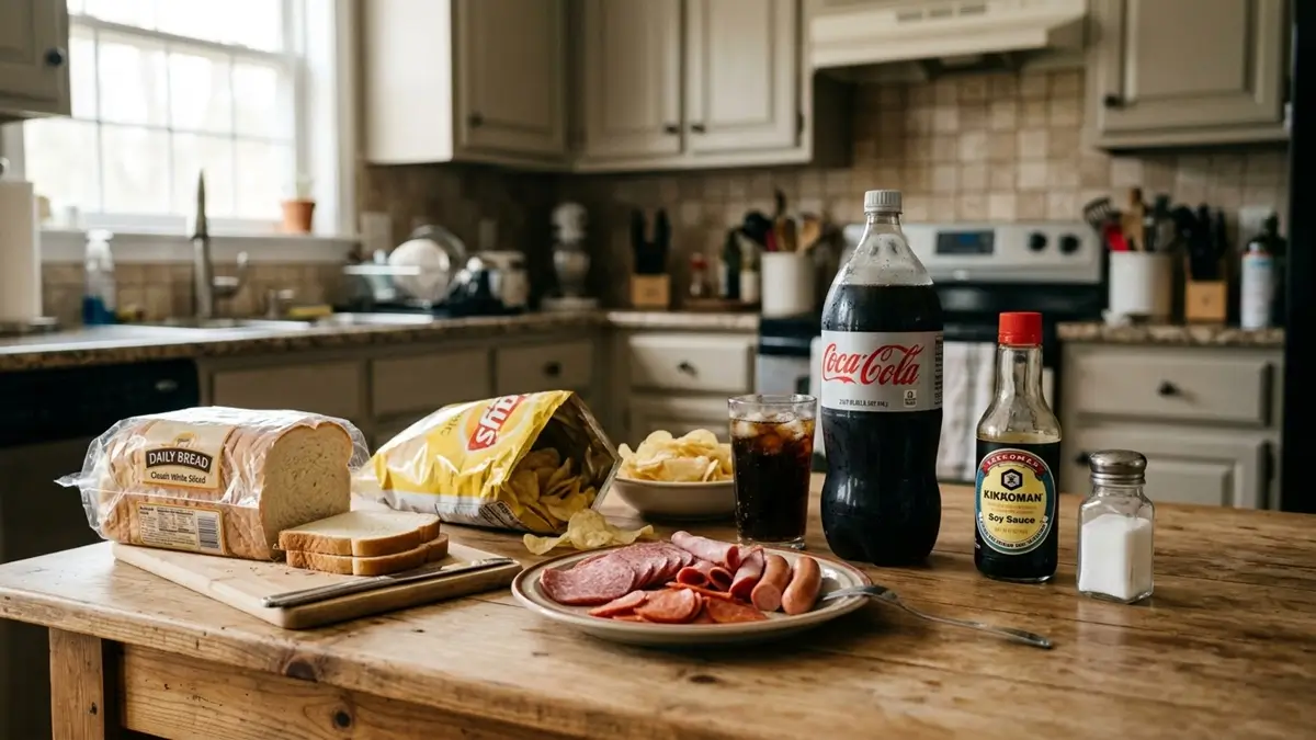 alimentos proibidos para pressão alta dispostos em mesa de cozinha