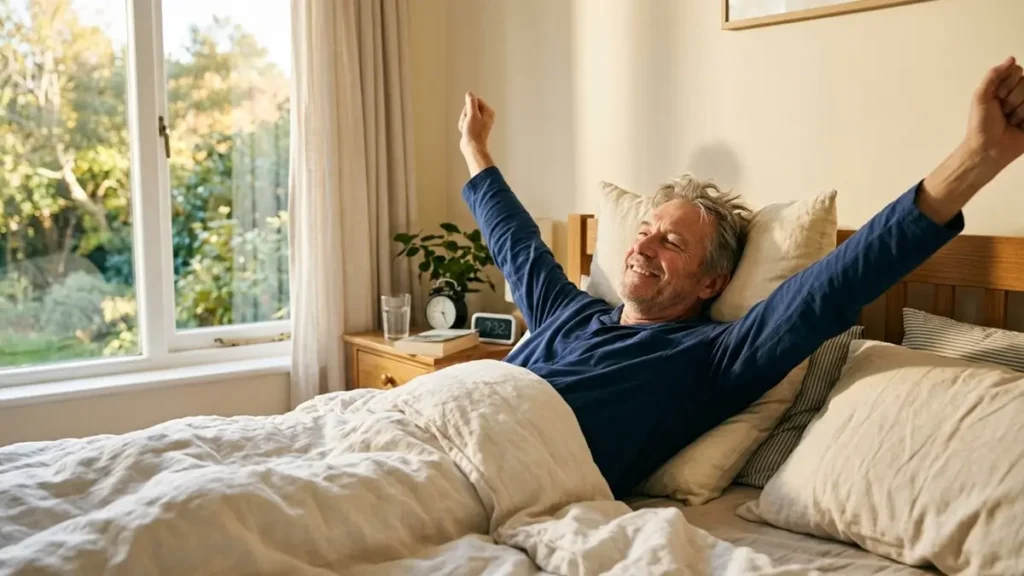 Homem maduro acordando bem disposto e sorrindo na cama.