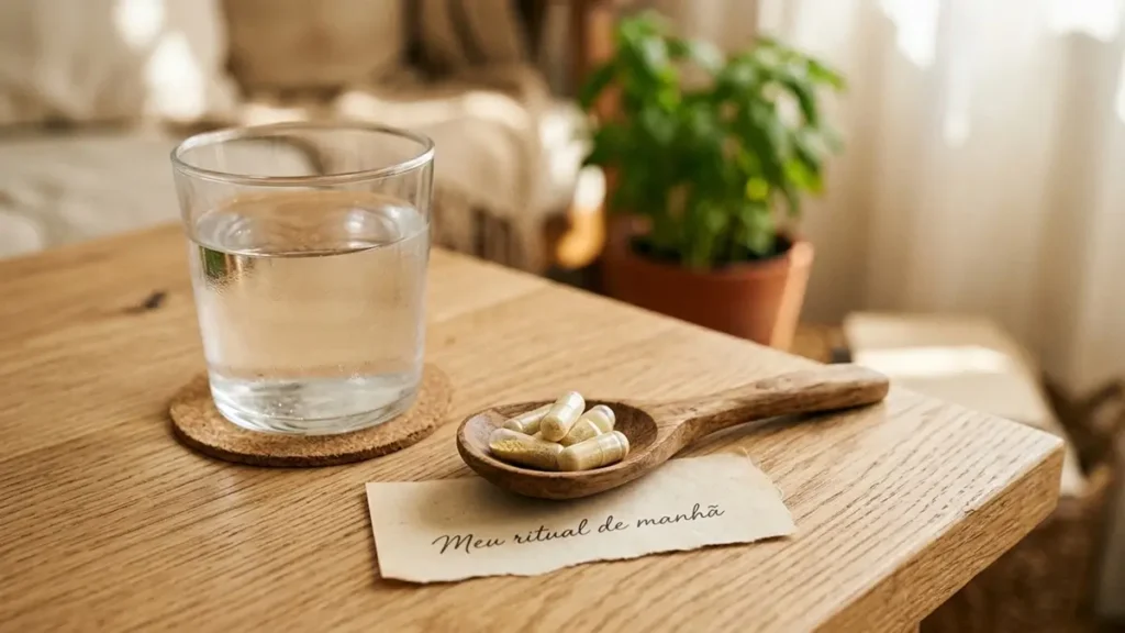 Cápsulas de suplemento em uma colher de madeira com um copo de água.