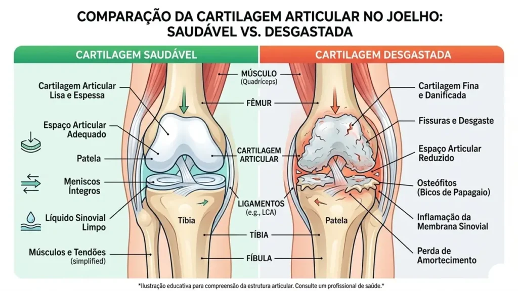 Ilustração da cartilagem do joelho saudável e desgastada