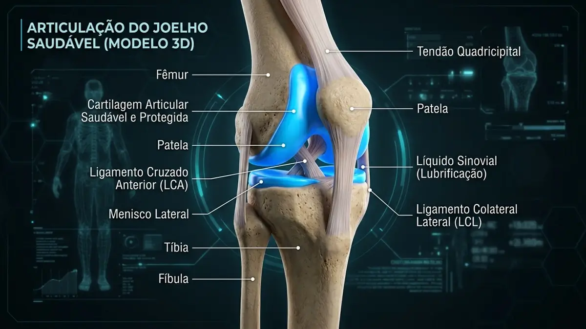 Ilustração 3D de cartilagem saudável em articulação humana.