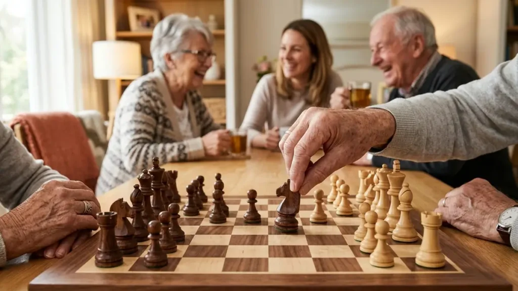 Sinais de Alerta: Quando o Esquecimento Após os 60 Anos Exige Atenção Médica? 2 Foco detalhado em duas pessoas jogando uma partida de xadrez em tabuleiro de madeira para estimular a mente.