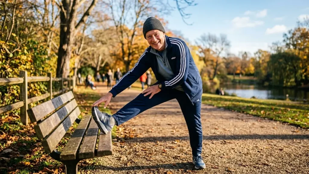Saúde do Coração no Inverno: Como Proteger seu Sistema Cardiovascular no Frio 2 Homem idoso se alongando ao ar livre usando agasalho de inverno.