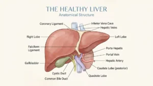 Home - English 2 Illustration of a healthy liver and its functions in the body
