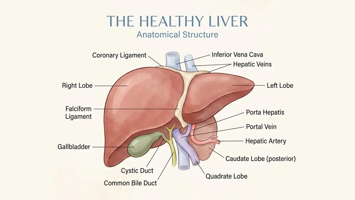 Illustration of a healthy liver and its functions in the body