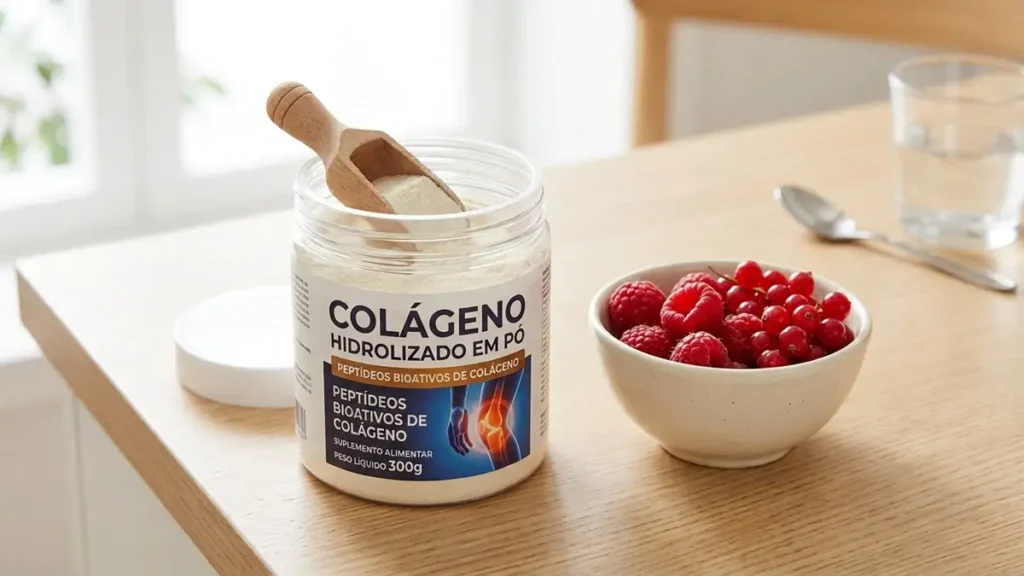 Pote de colágeno em pó com frutas vermelhas ao redor.