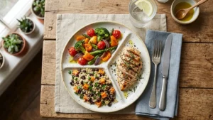 Prato de alimentação saudável com proporção equilibrada de nutrientes