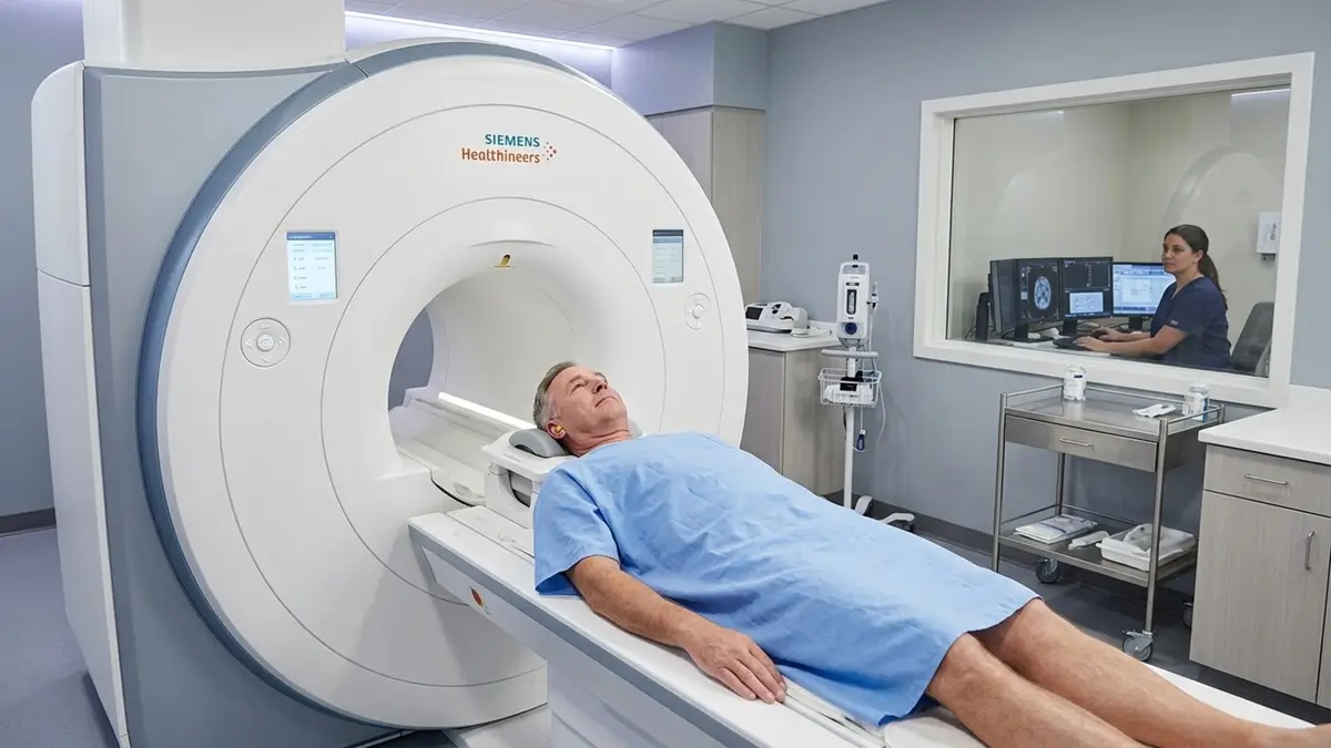 Paciente realizando ressonância multiparamétrica da próstata