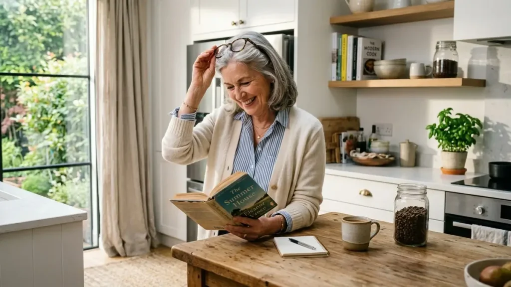 Sinais de Alerta: Quando o Esquecimento Após os 60 Anos Exige Atenção Médica? 1 Esquecimento Após os 60 - Mulher madura sorrindo na cozinha ao perceber que seus óculos de leitura estão no topo da cabeça.