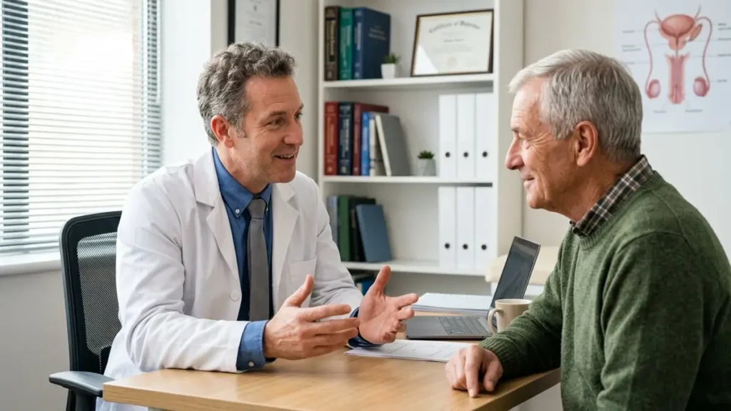 Urologista explicando resultado de exame de próstata ao paciente