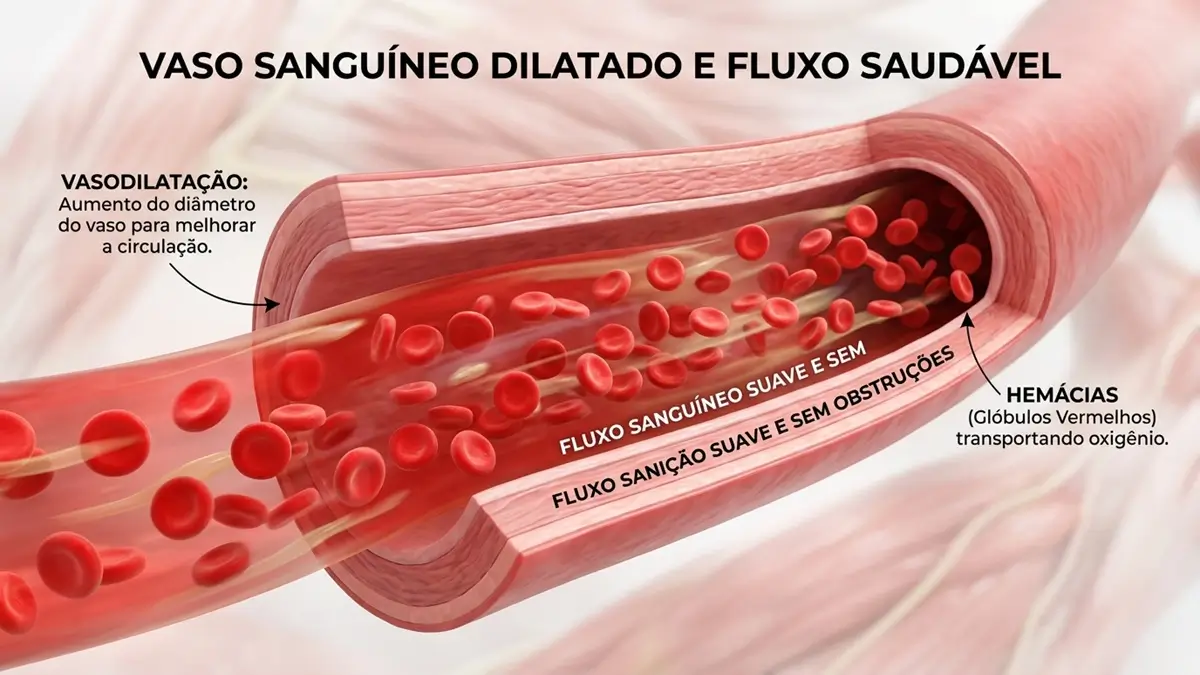Saúde do Coração no Inverno - Ilustração 3D de um vaso sanguíneo saudável e dilatado.