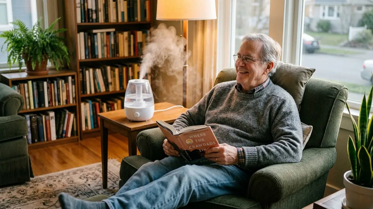Respiração no Inverno - Homem idoso respirando bem em casa utilizando um umidificador de ar.