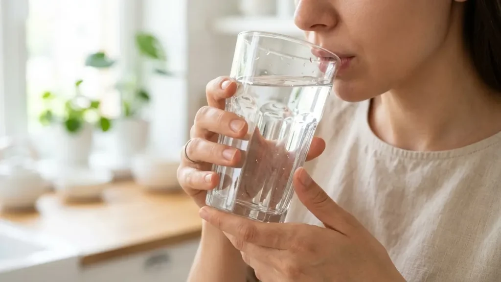 Sensação de alimento na Garganta: Pode Ser Refluxo Silencioso? 2 Close-up de uma pessoa bebendo pequenos goles de um copo de água fresca.