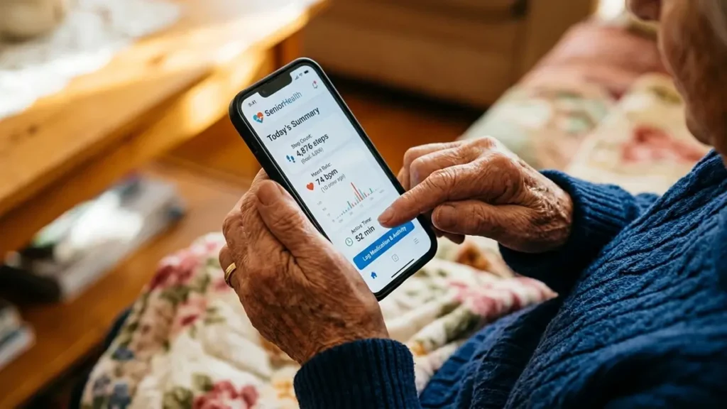 Direitos do Idoso no SUS: Atendimento Prioritário, Remédio Gratuito e Como Acessar 1 Direitos do Idoso no SUS - Idosa usando o aplicativo Meu SUS Digital no celular