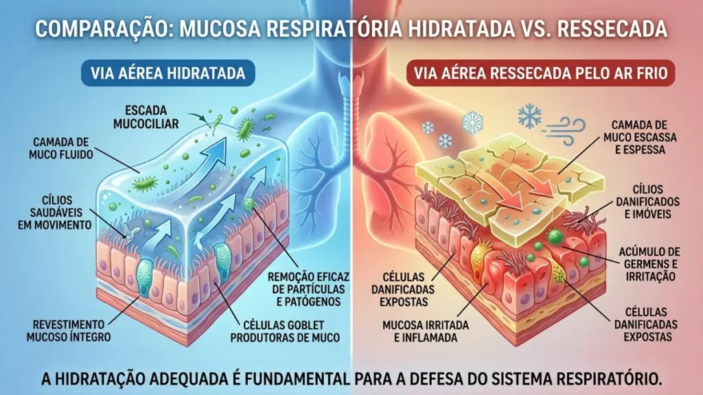 Respiração no Inverno - Ilustração médica comparando as mucosas respiratórias hidratadas e ressecadas pelo frio.