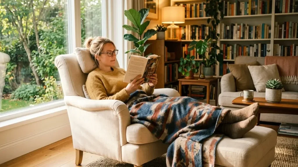 Sensação de alimento na Garganta: Pode Ser Refluxo Silencioso? 1 Pessoa descansando em uma poltrona reclinada a 45 graus após o almoço, lendo um livro tranquilamente.