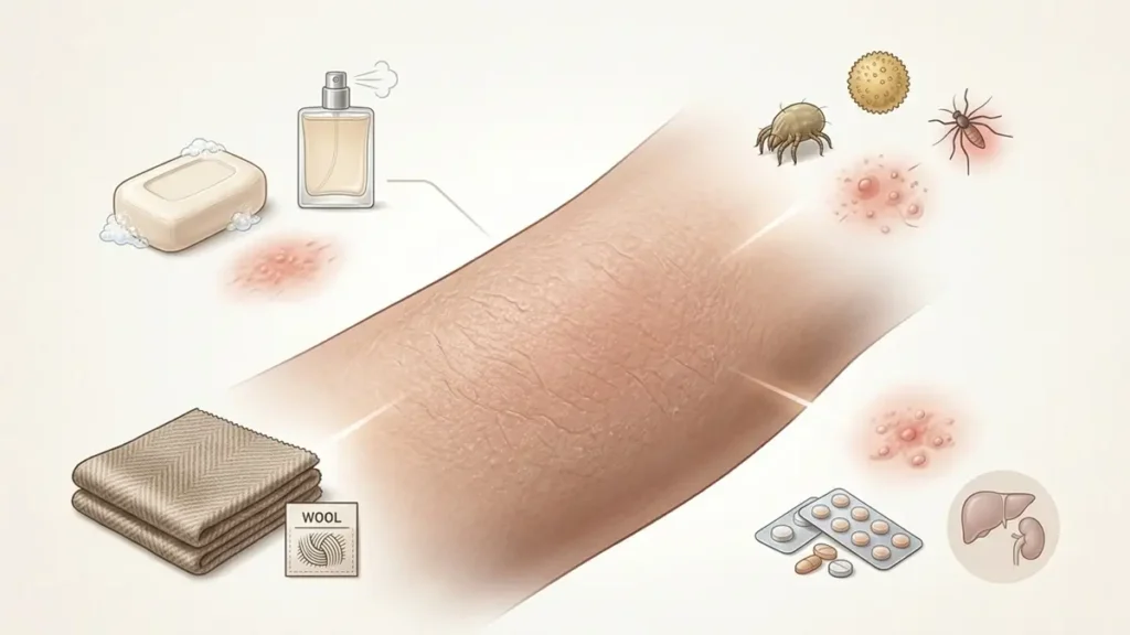 Coceira no corpo sem causa aparente - Ilustração das diferentes causas que podem provocar coceira na pele.