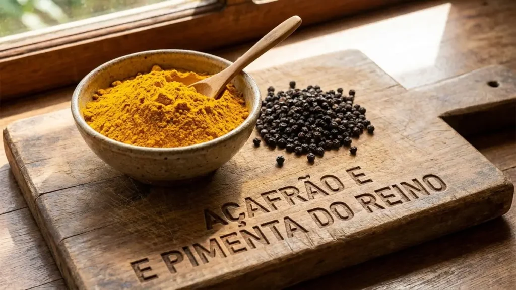 Pó de cúrcuma ao lado de grãos de pimenta-preta.