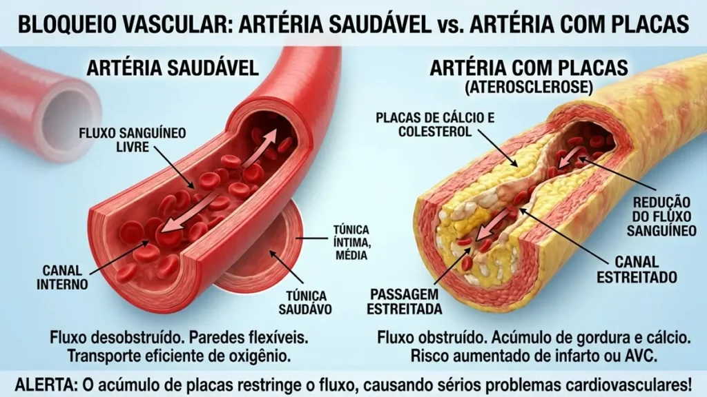 Cálcio Após os 60: O Erro Que Pode Entupir Suas Artérias em Vez de Fortalecer os Ossos 1 Cálcio Após os 60 - Infográfico da calcificação vascular nas artérias.
