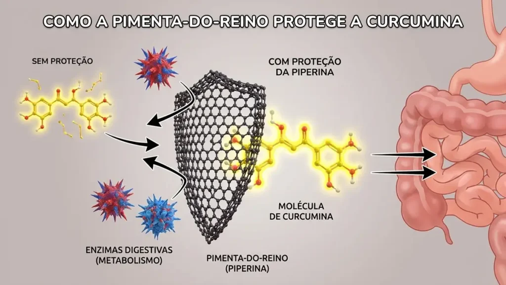 Ilustração química 3D da piperina protegendo a curcumina.
