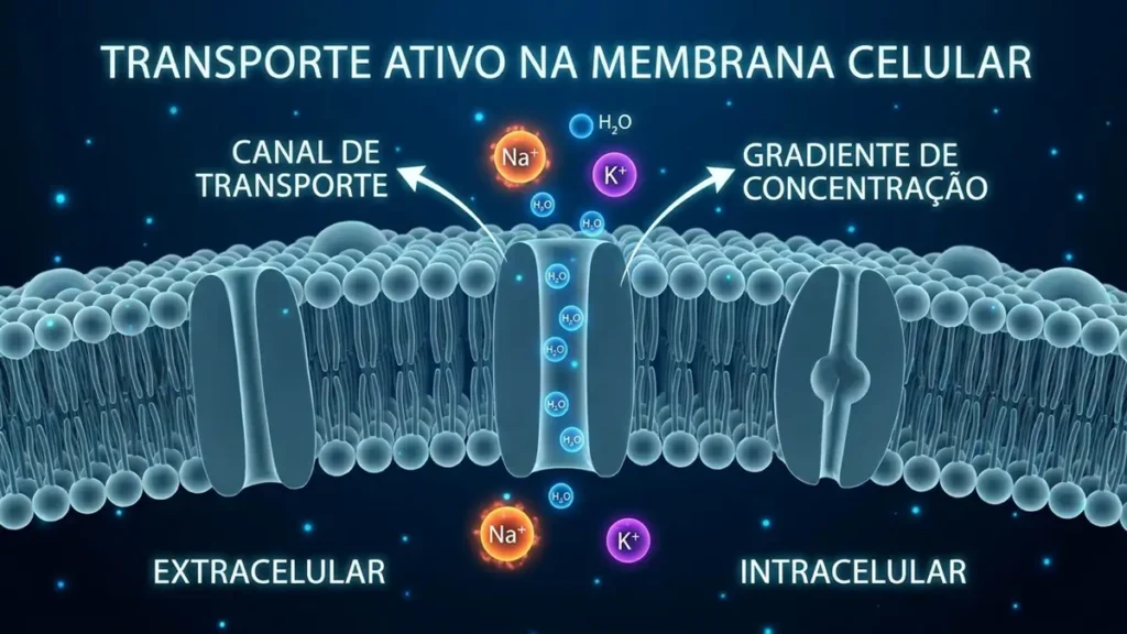 A Química da Sede - Ilustração química 3D da bomba de sódio e potássio nas células.