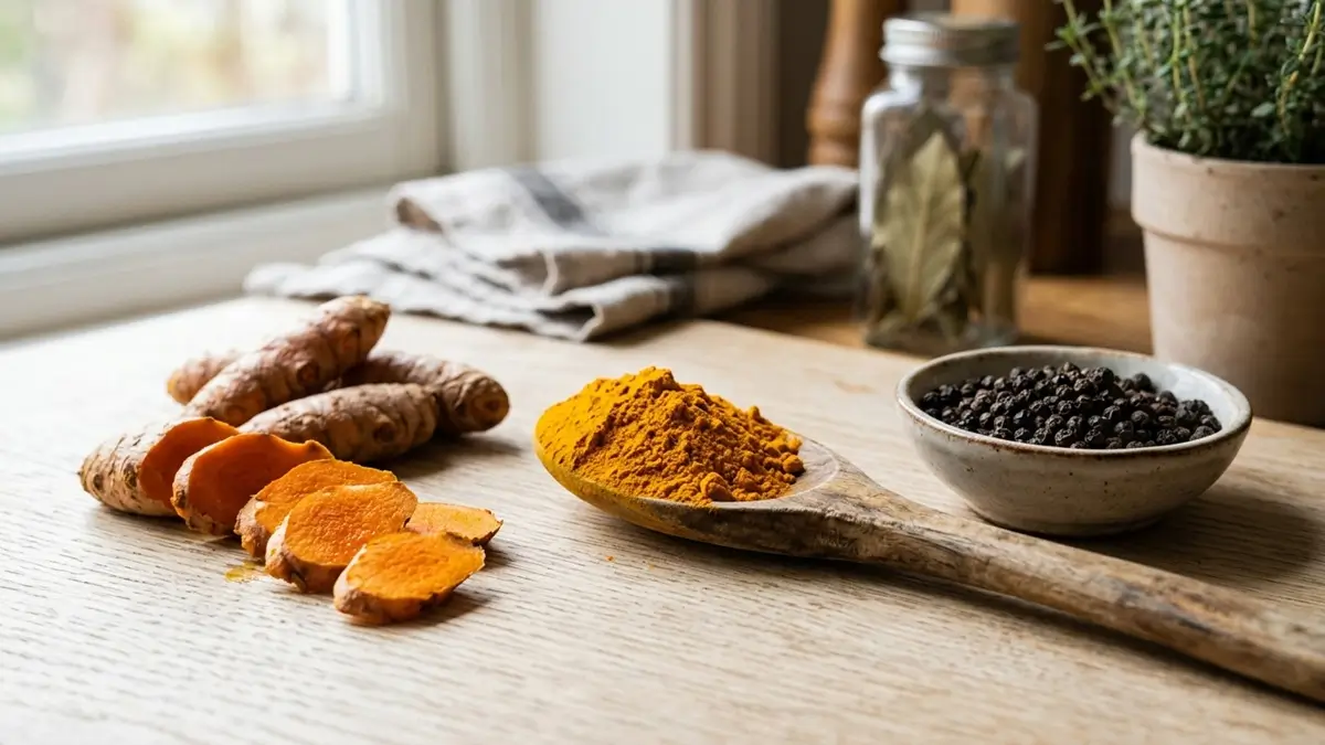 Cúrcuma fresca com grãos de pimenta preta para absorção de curcumina.