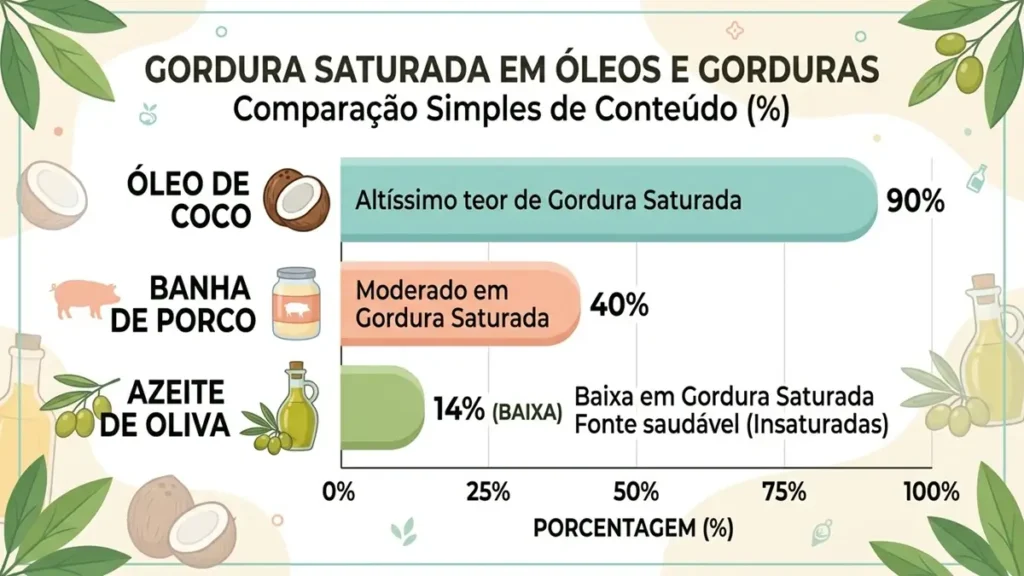 Qual Gordura é Mais Saudável? Óleo de Coco, Azeite ou Banha de Porco 1 Infográfico comparando gordura saturada no óleo de coco, banha de porco e azeite