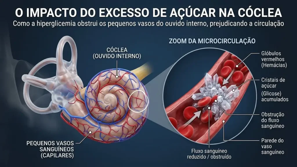 Zumbido no Ouvido - Infográfico 3D mostrando como o excesso de insulina afeta o ouvido interno.