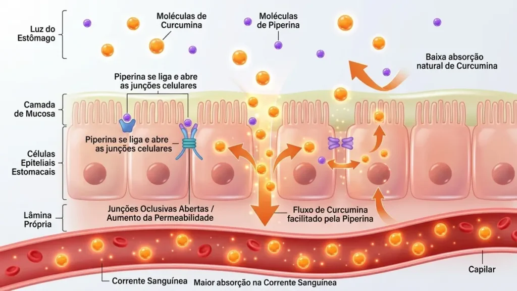 A Química da Cúrcuma com Pimenta Preta: Como a Piperina Potencializa o Alívio das Dores Articulares 1 Ilustração científica da piperina aumentando a biodisponibilidade da curcumina.